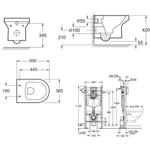 Pack WC suspendu sans bride + abattant + Bâti support + Sail Plaque de commande WC rond chromé