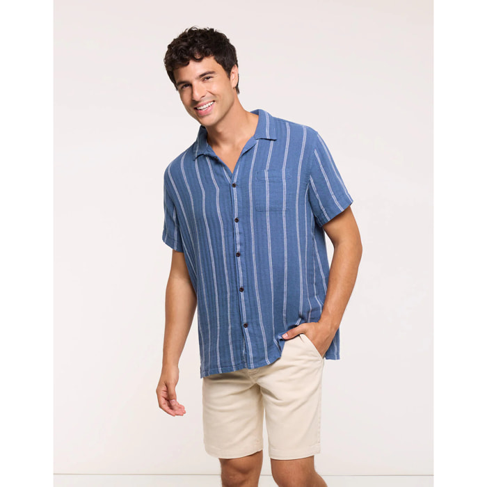Camisa Manga Corta con Lino Azul Oscuro Rayas - Selvaire