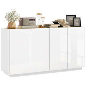 Buffet design contemporain blanc laqué plateau aspect bois clair - dim. 140L x 40l x 75H cm - 4 portes, 2 étagères