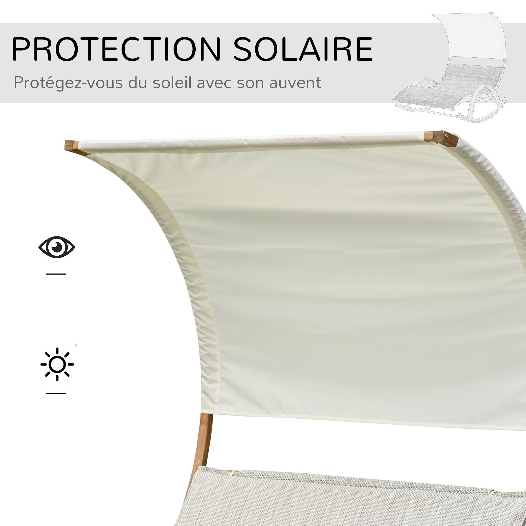 Bain de soleil transat design à bascule 2 pers. tétière & pare-soleil inclus bois pin pré-huilé textilène crème chiné