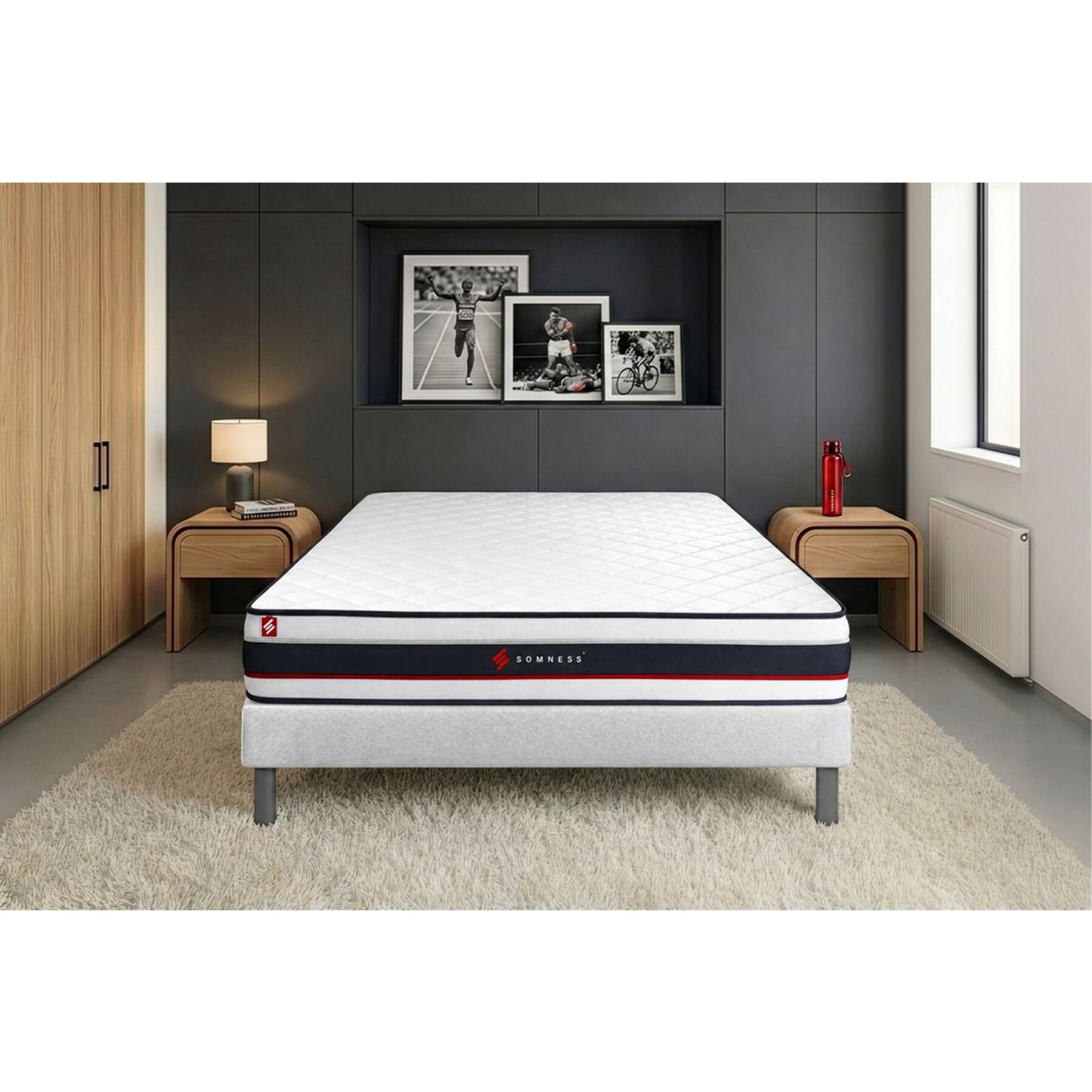Ensemble - Matelas Mousse haute densitée avec micro-cellules d'air 19cm d'épaisseur - 1 zone de confort - Confort très ferme - Sommier tapissier monobloc - 2 places