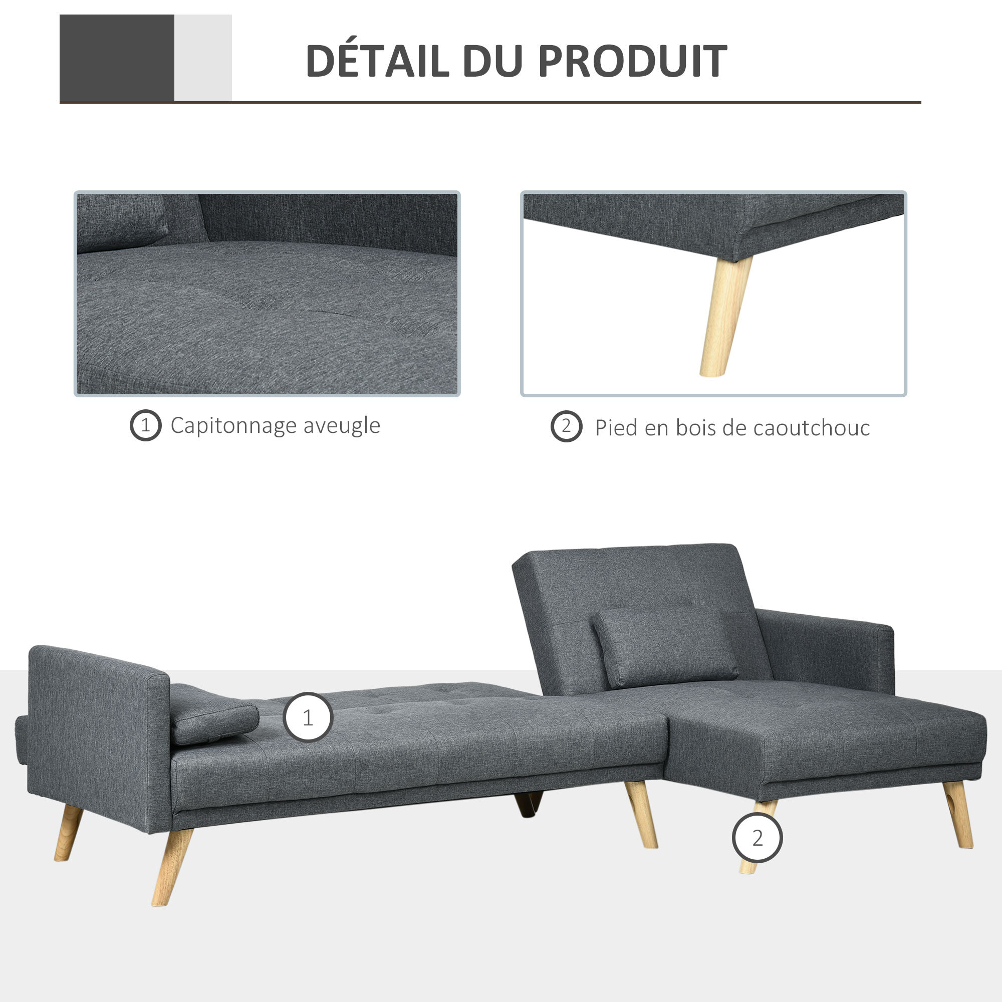 Canapé d'angle convertible 3 places design scandinave - réversible, effet capitonné, 3 coussins déco - piètement bois tissu aspect lin gris