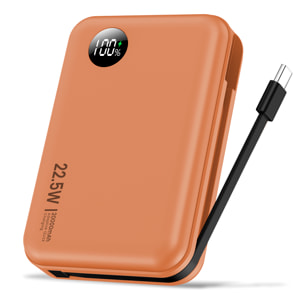 Powerbank 20.000mAh con carga rápida PD22,5W, cable USB-C integrado. Pantalla led de carga.