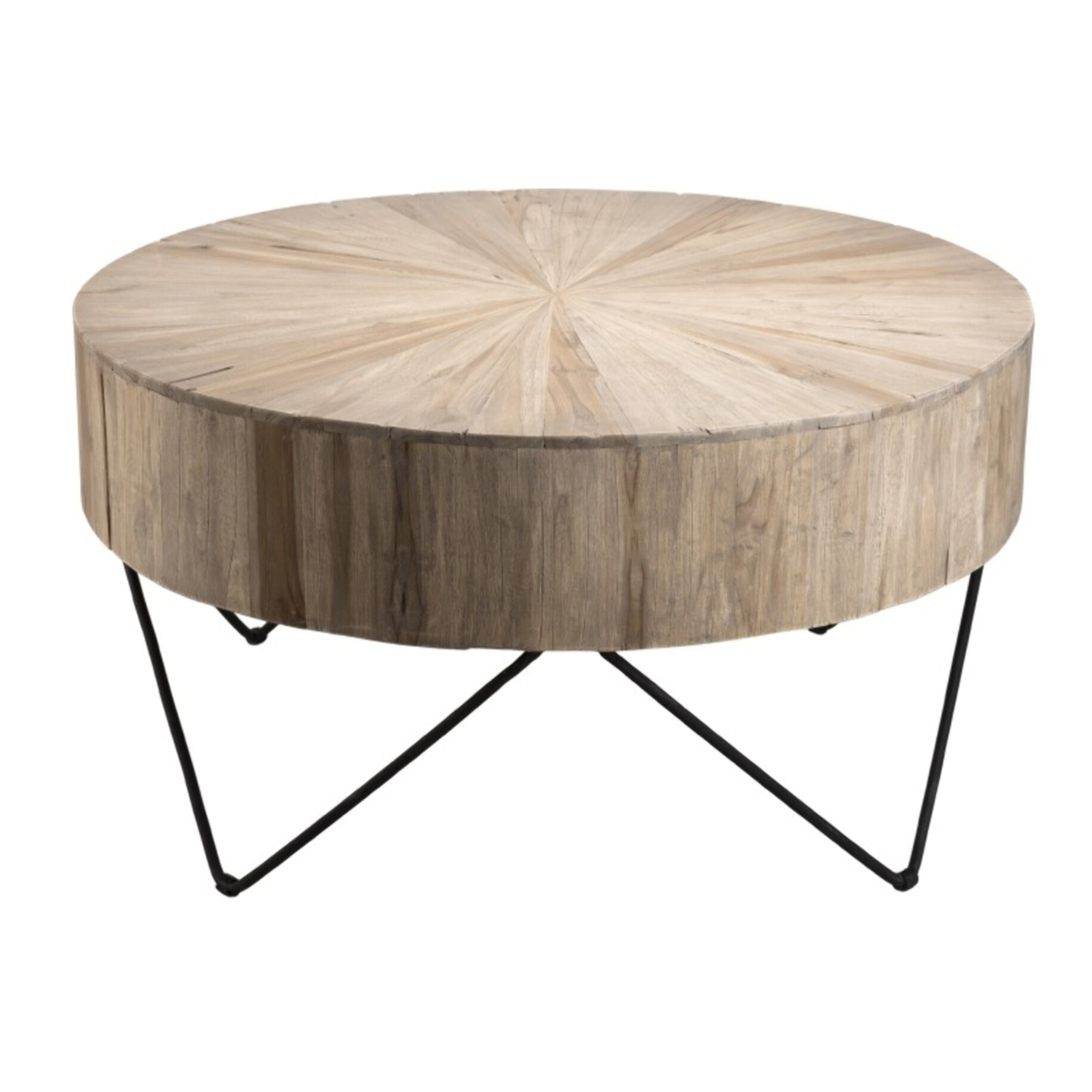 CLARA - Table basse ronde 90x90cm bois Teck naturel pieds épingles scandi métal noir