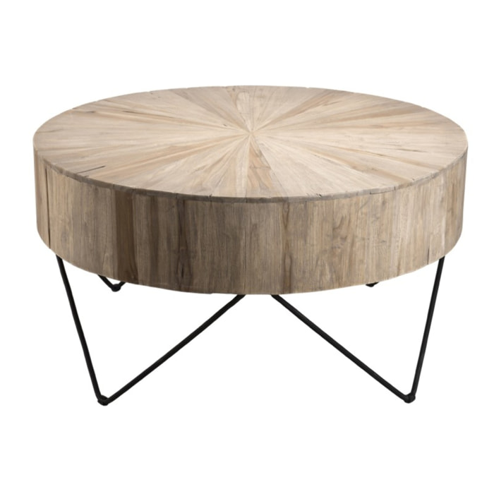 CLARA - Table basse ronde 90x90cm bois Teck naturel pieds épingles scandi métal noir