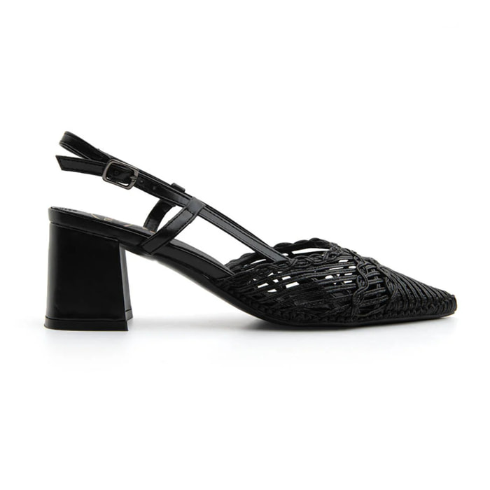 Slingback ricamata con tacco quadrato - NERO