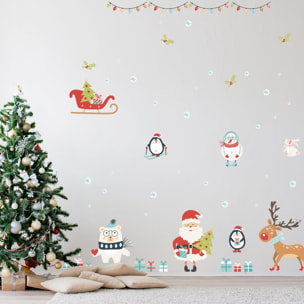 Sticker Noël le père noël et les animaux sous la neige de noël - Autocollants stickers adhésifs noël - décoration fêtes