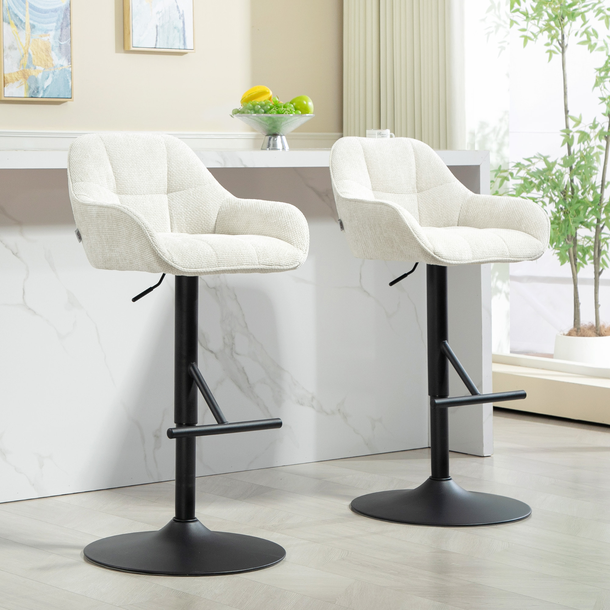 Lot de 2 tabourets de bar design effet capitonné - réglable, pivotant - acier noir mat tissu effet lin crème