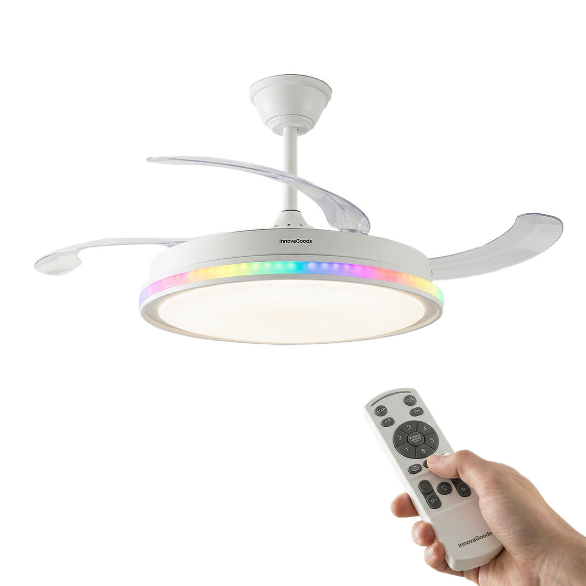Ventilateur de plafond avec lumière LED RGB, 4 pales rétractables et télécommande InnovaGoods