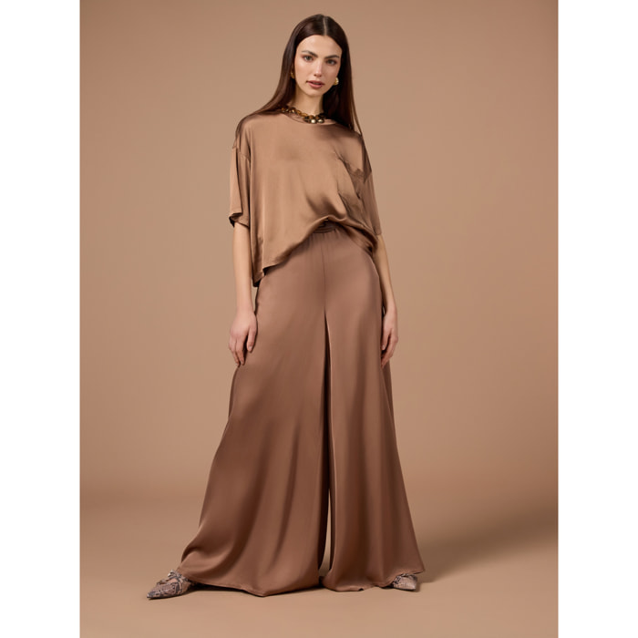 Oltre - Pantaloni palazzo in raso - Marrone