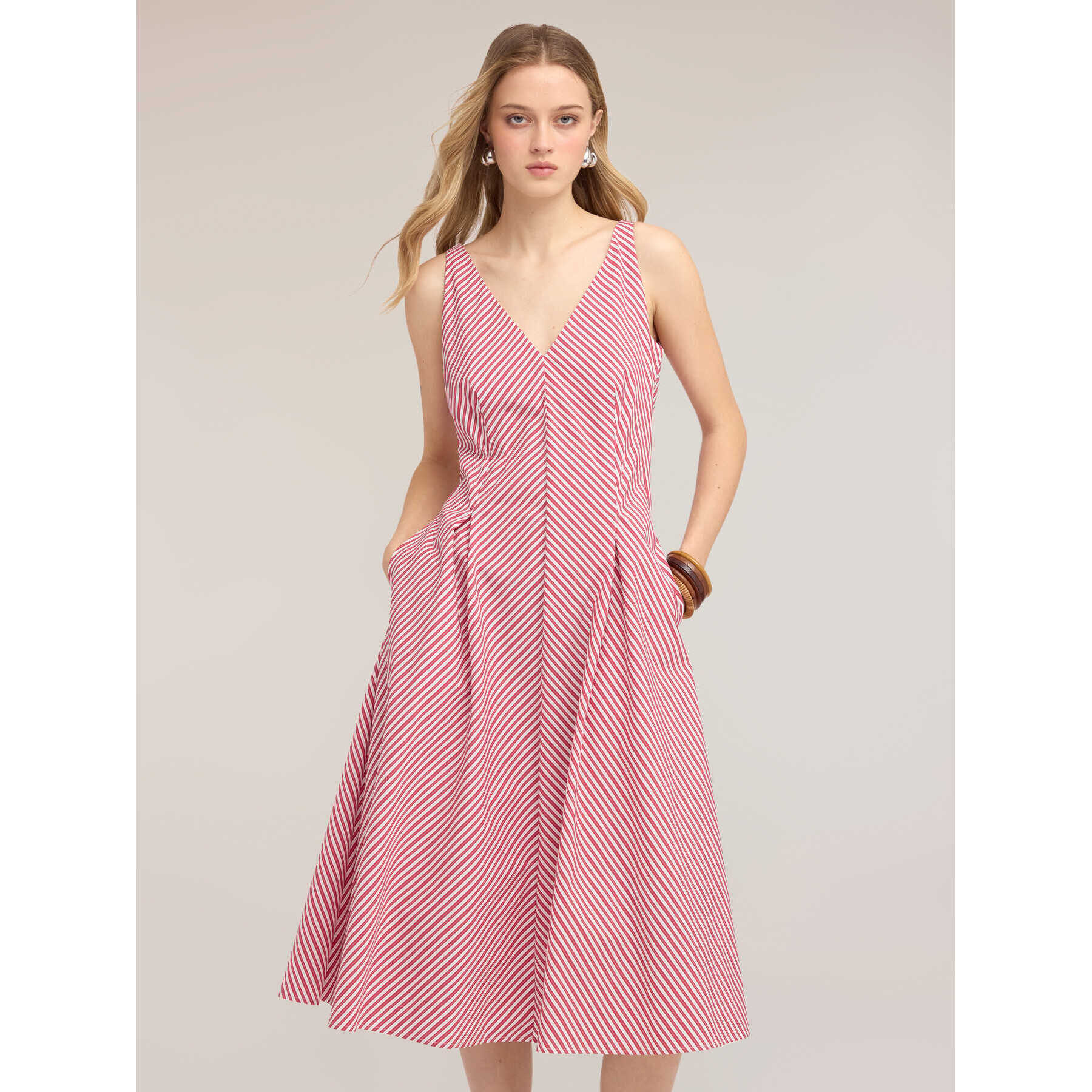 Motivi - Vestido de línea A en popelín a rayas - Rojo