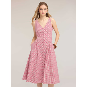 Motivi - Vestido de línea A en popelín a rayas - Rojo