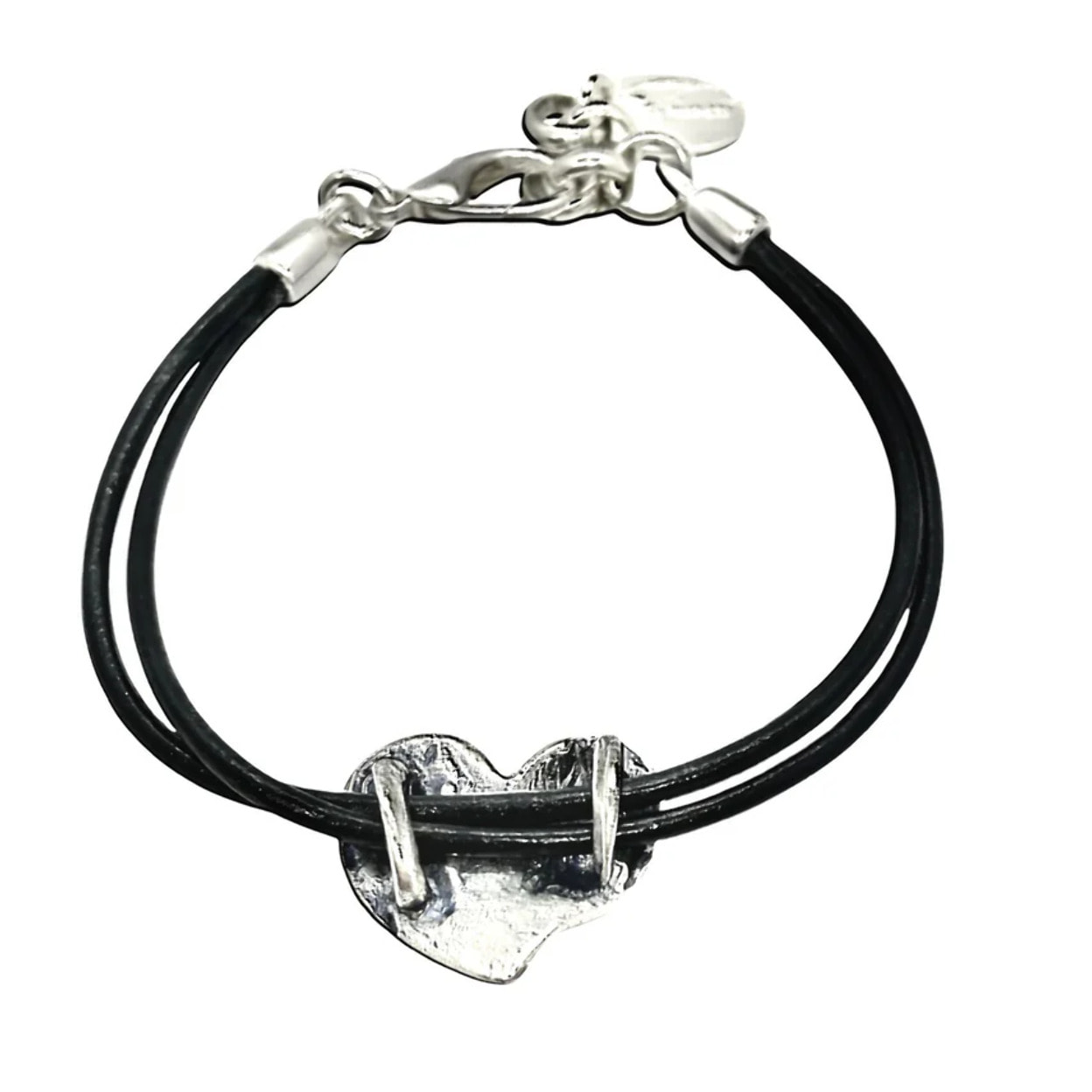 Pulsera corazón cuero negro plata chapado