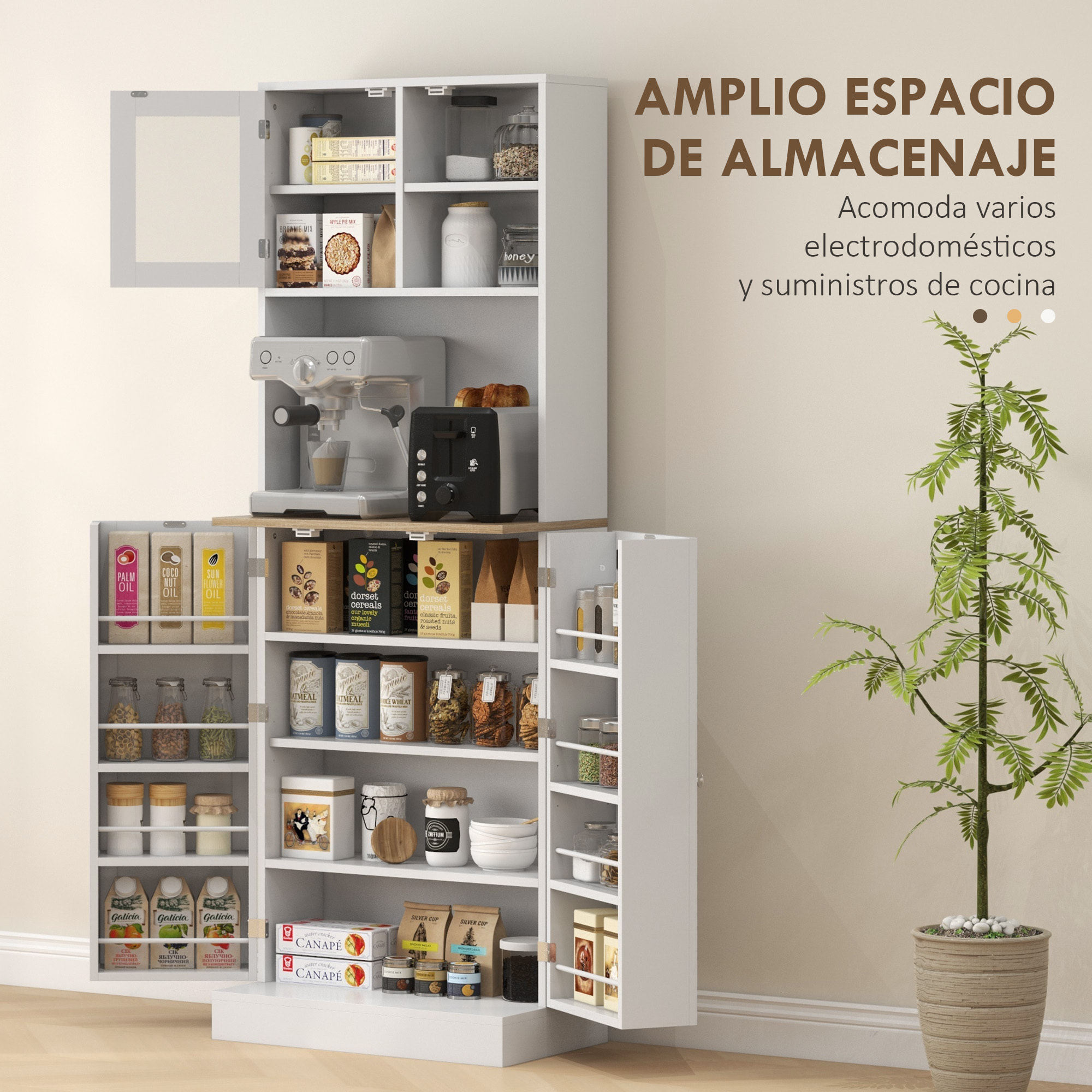Alacena de Cocina Armario de Cocina Mueble Auxiliar de Cocina con 3 Puertas Estantes Ajustables y 8 Estantes en la Puerta para Comedor Salón 60x35x169 cm Blanco