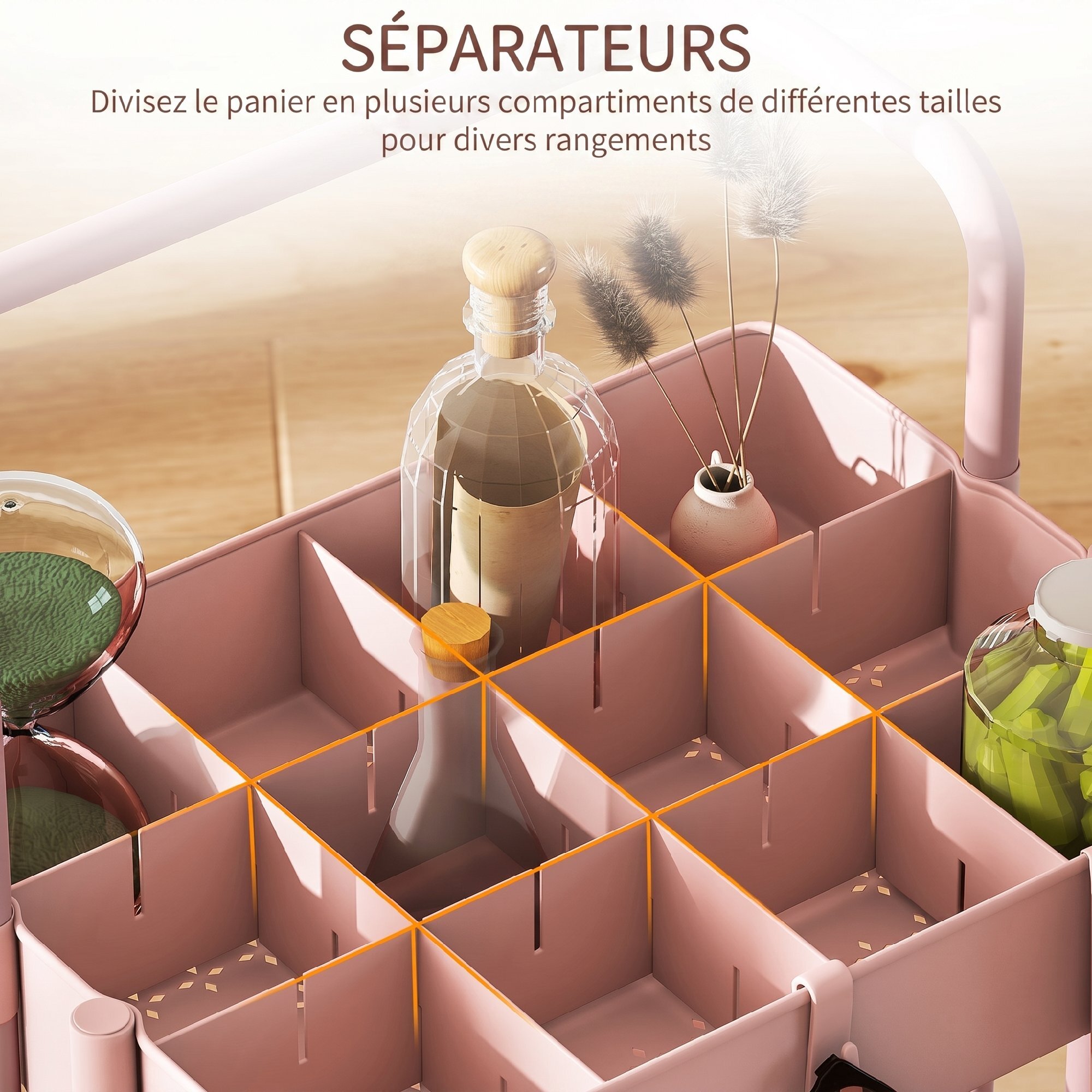 Desserte de cuisine - 3 étagères avec rebords - 4 crochets, 3 pots suspendus - acier ABS rose