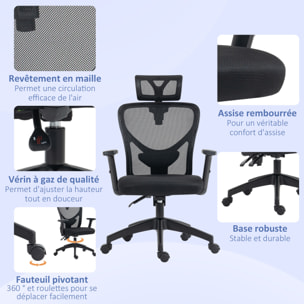 Fauteuil de bureau manager grand confort réglable dossier ergonomique inclinable pivotant tissu maille noir