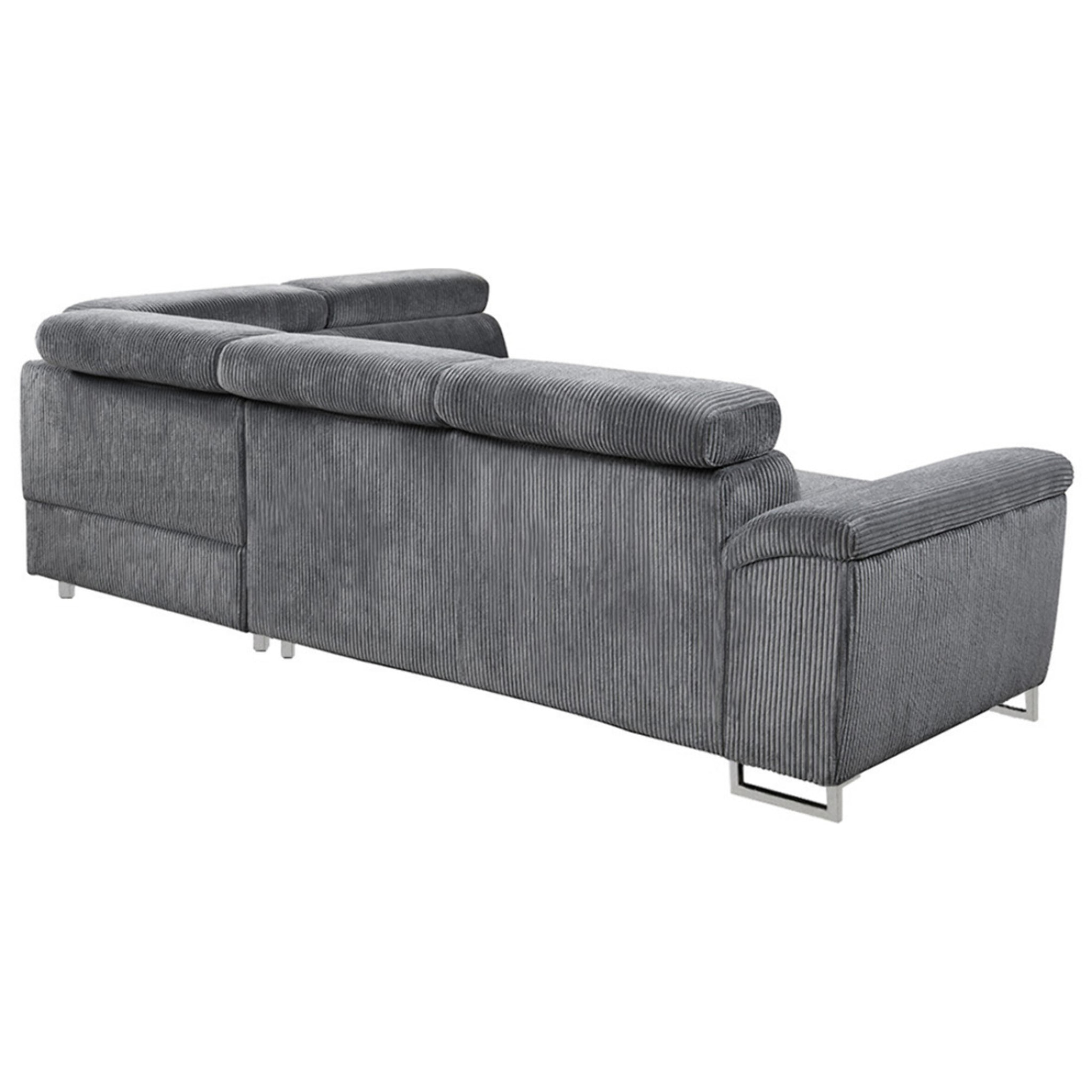 Baoji - Canapé d'angle droit 5 places convertible avec têtières et coffre en velours côtelé - Gris