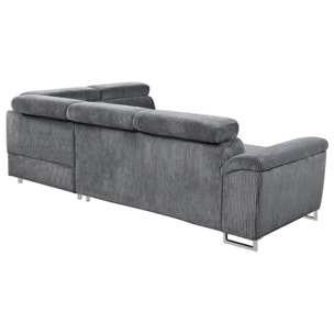 Baoji - Canapé d'angle droit 5 places convertible avec têtières et coffre en velours côtelé - Gris