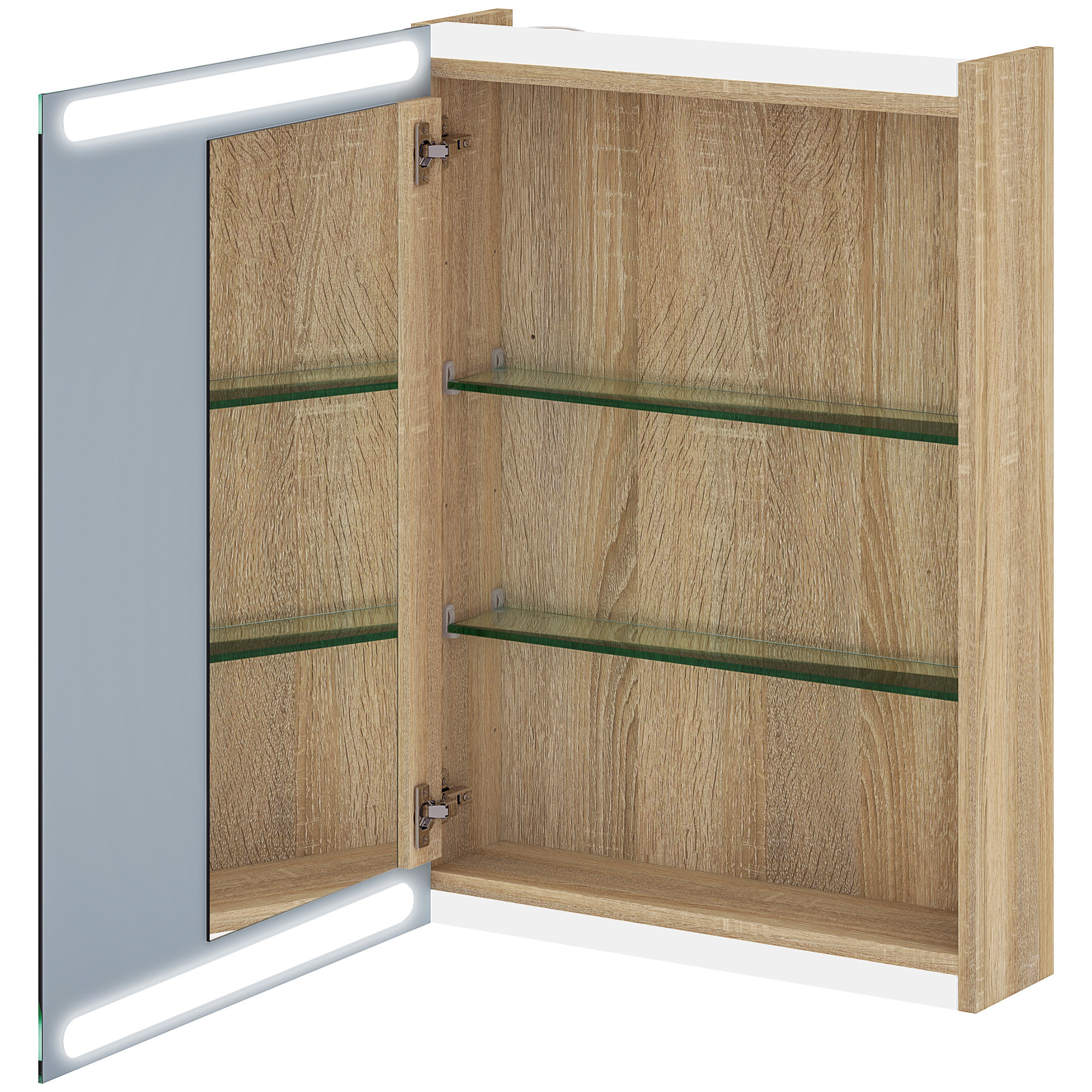 Armoire murale salle de bain  1 porte miroir lumineux LED intégré 50 x 70 cm 2 étagères verre effet bois