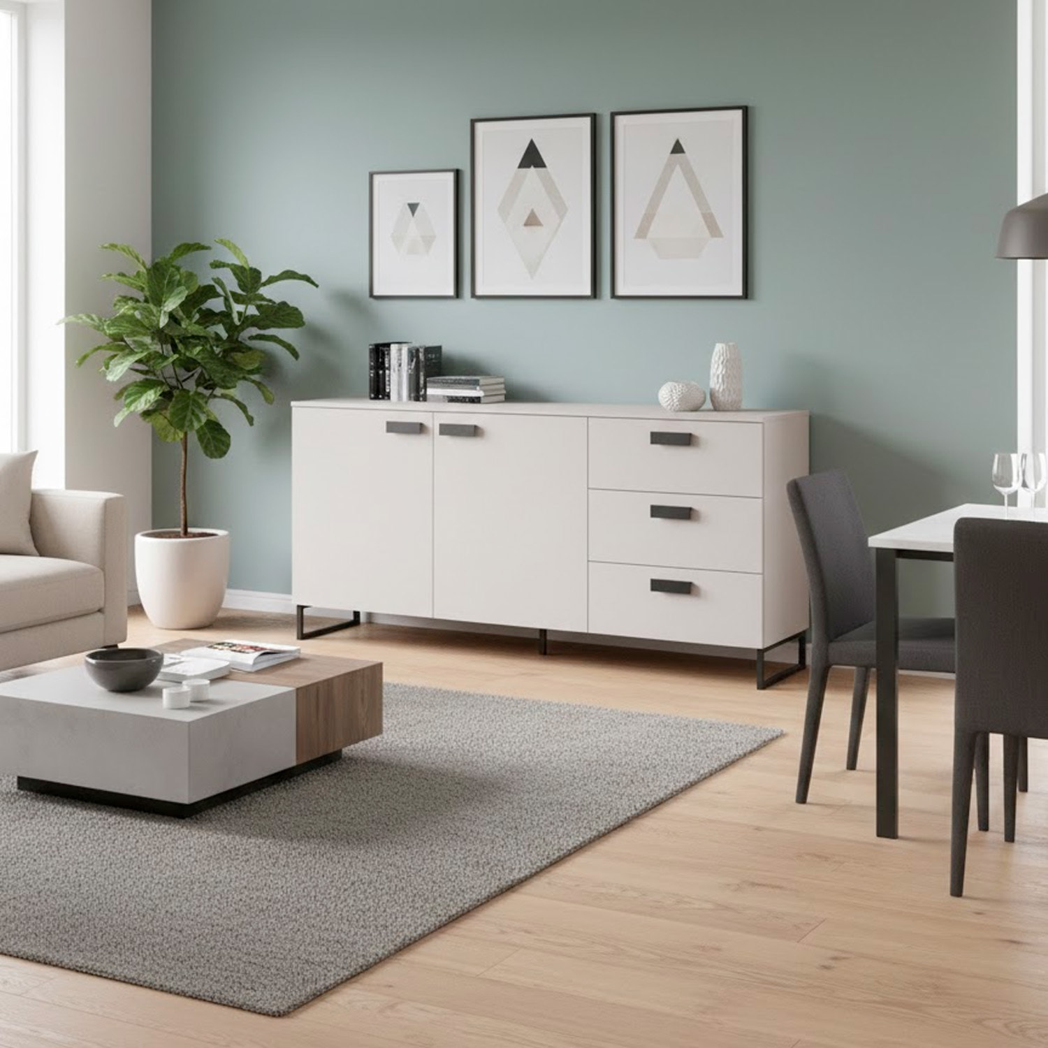 Madia con 2 Ante 3 Cassetti E Ripiani Interni Mobile Soggiorno Moderno In Melaminico Con Maniglie E Piedini Neri 184 x 86 x 40 Cm Cashmere