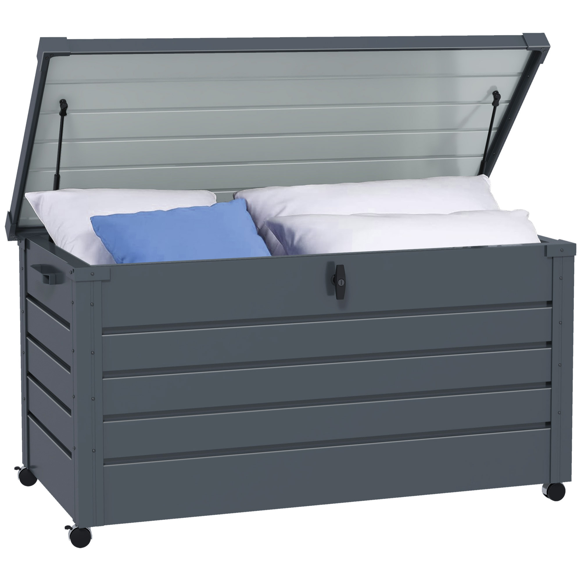 Arcón Exterior Capacidad 311L, Baúl de Almacenaje de Acero Galvanizado con 4 Ruedas, 2 Asas y Tapa con Cerradura, Impermeable, para Jardín, Terraza, Patio, 120x62x66 cm, Gris Oscuro