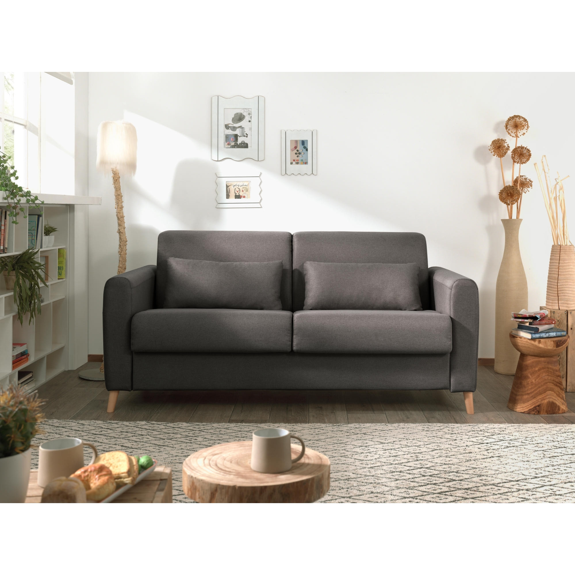 Timo - Canapé 3 places convertible - couchage quotidien - matelas 12 cm - en tissu - Gris foncé