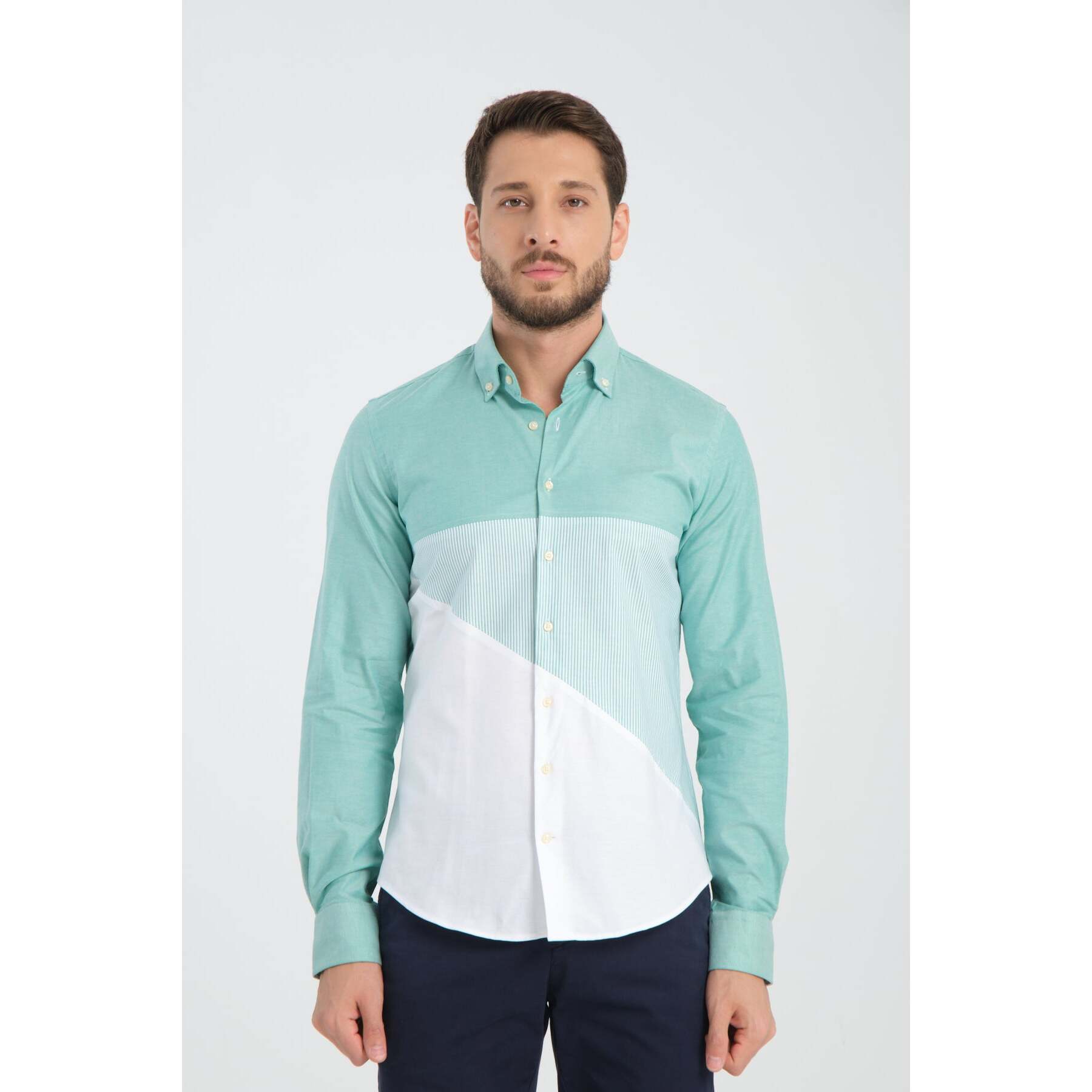 Camicia Uomo 1 Bottone Button Down Doppio Popeline Stretch Unito Verde Acqua