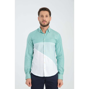 Camicia Uomo 1 Bottone Button Down Doppio Popeline Stretch Unito Verde Acqua