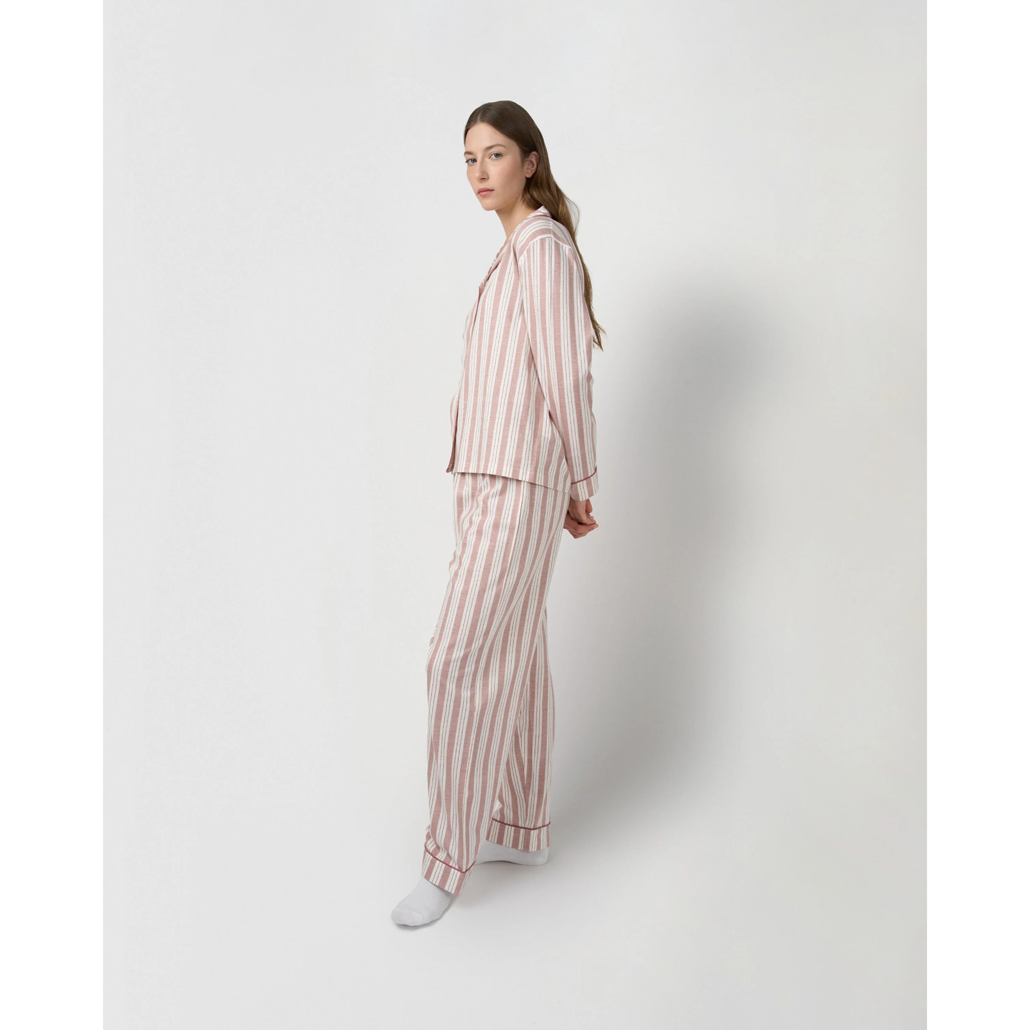 Pigiama lungo camicia in cotone a righe zuri rosa