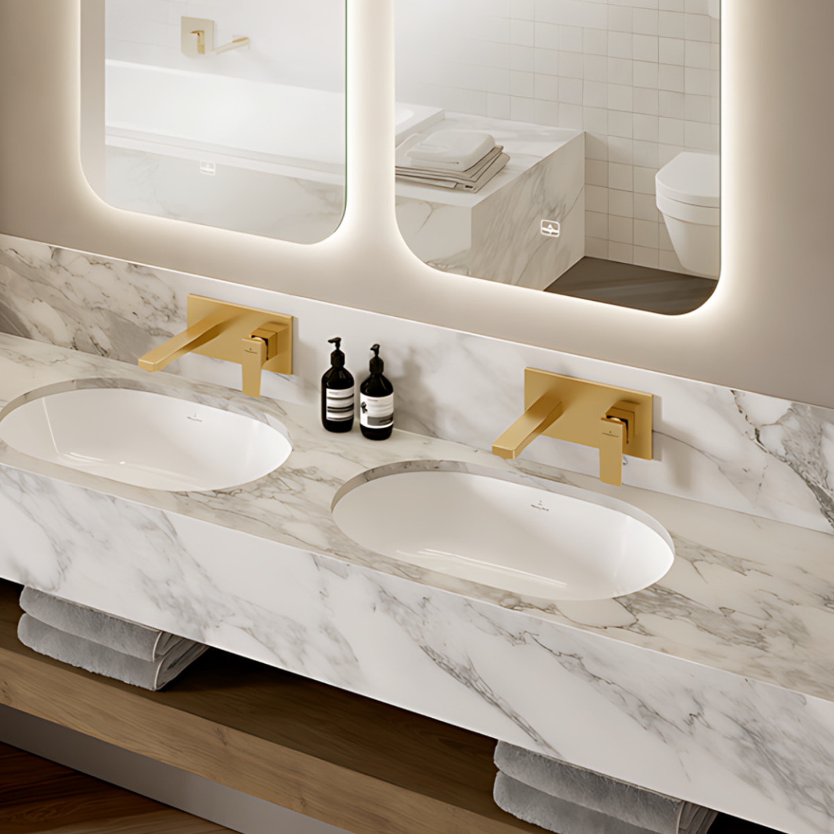 Mitigeur lavabo mural Architectura Square avec vidage Push Open Brushed Gold