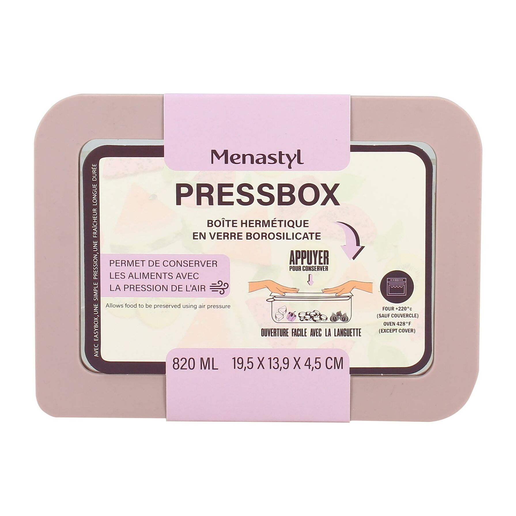 Boîte hermétique rectangulaire rose 820ml PRESSBOX