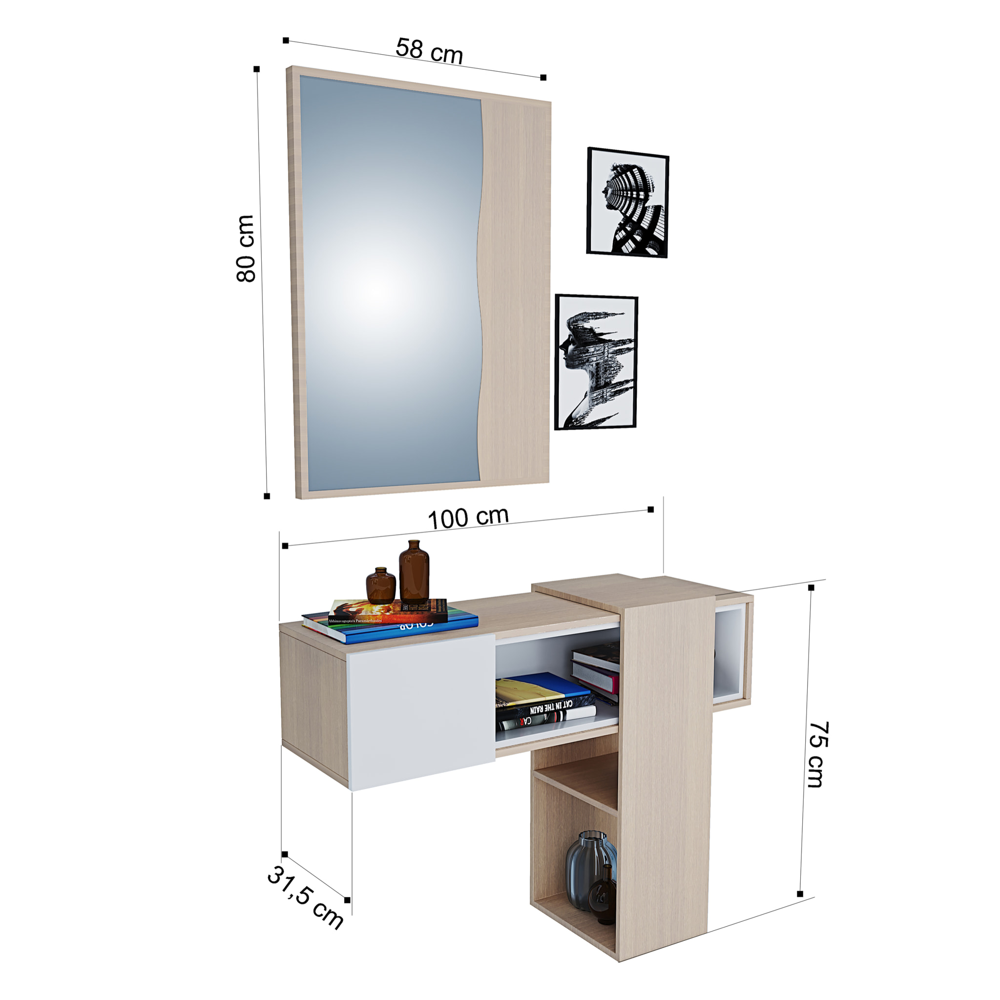 Mobile Danzica Mobiletto da Ingresso Mensola Sospesa con Specchio E Ripiani Scorrevole Arredo Arredamento Sala 100 x 31.5 x 75 cm Bianco e Rovere