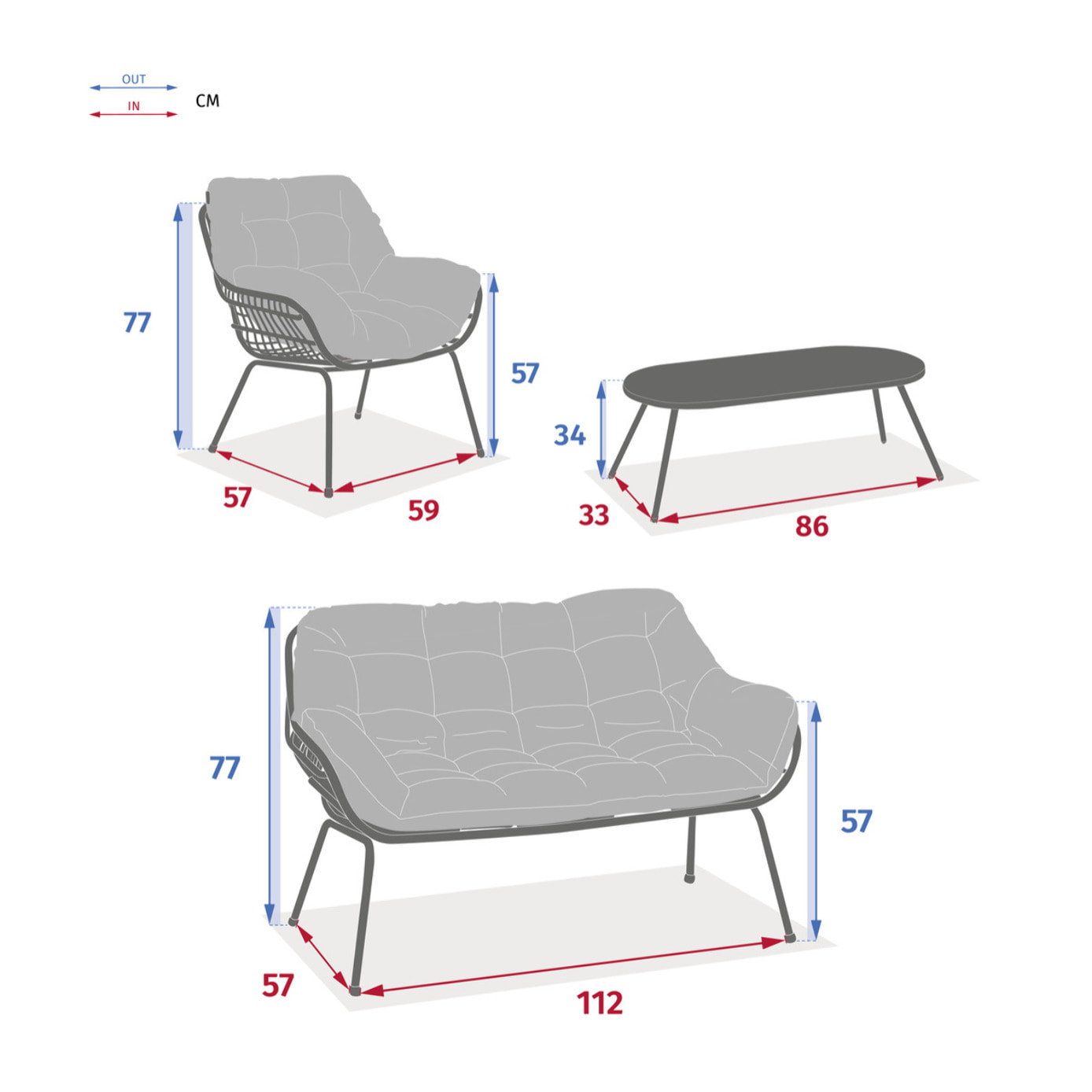 Salon de jardin "Paopao" graphite en acier traité en époxy 4 places