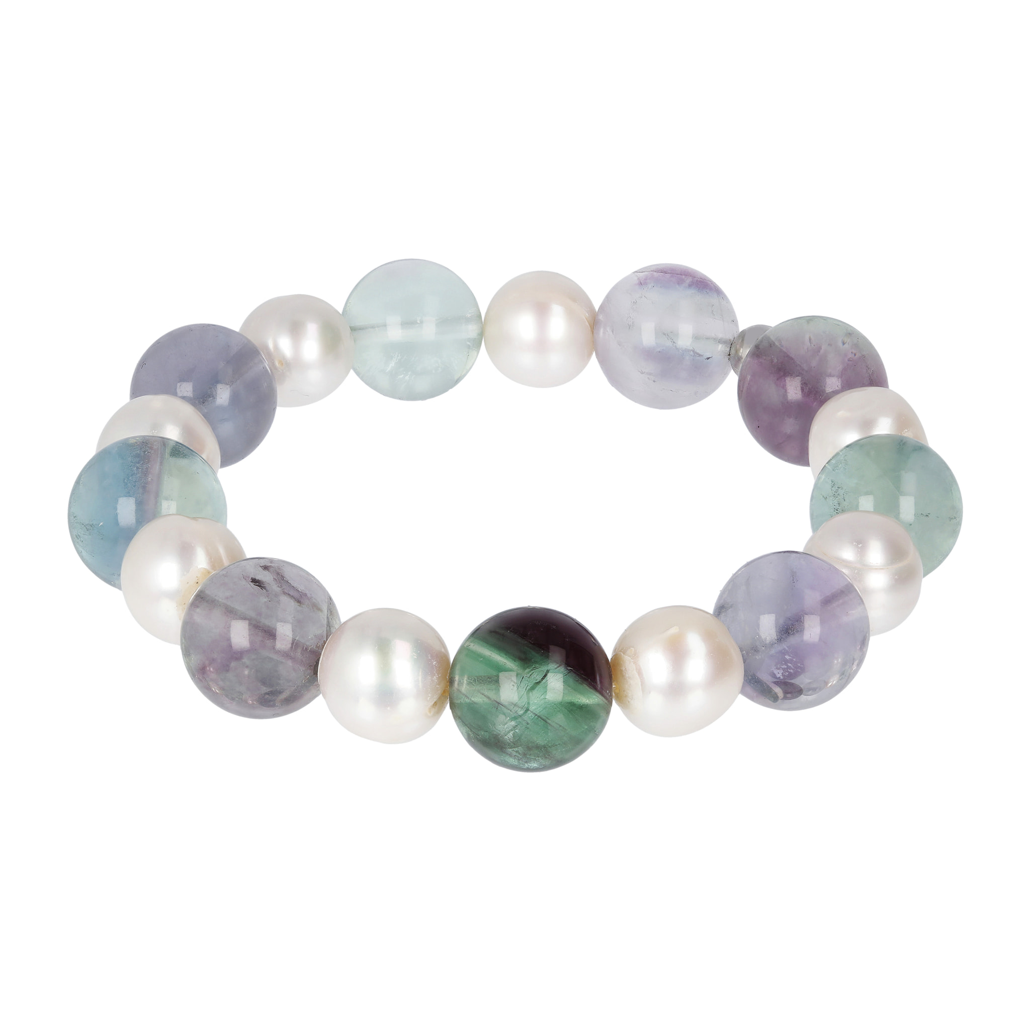 Bracciale Elastico con Fluorite Multicolore e Perle d'Acqua Dolce Bianche Ø 9.5/10.5 mm