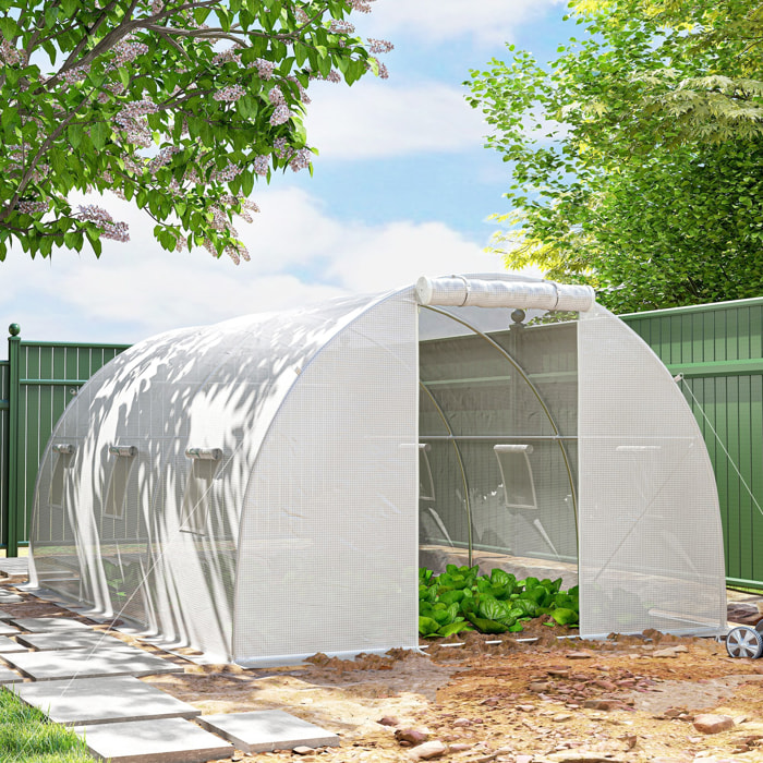 Serre tunnel 13,5 m² dim. 4,5 x 3 x 2 m - 6 fenêtres, porte zippée enroulable - acier galvanisé PE haute densité blanc