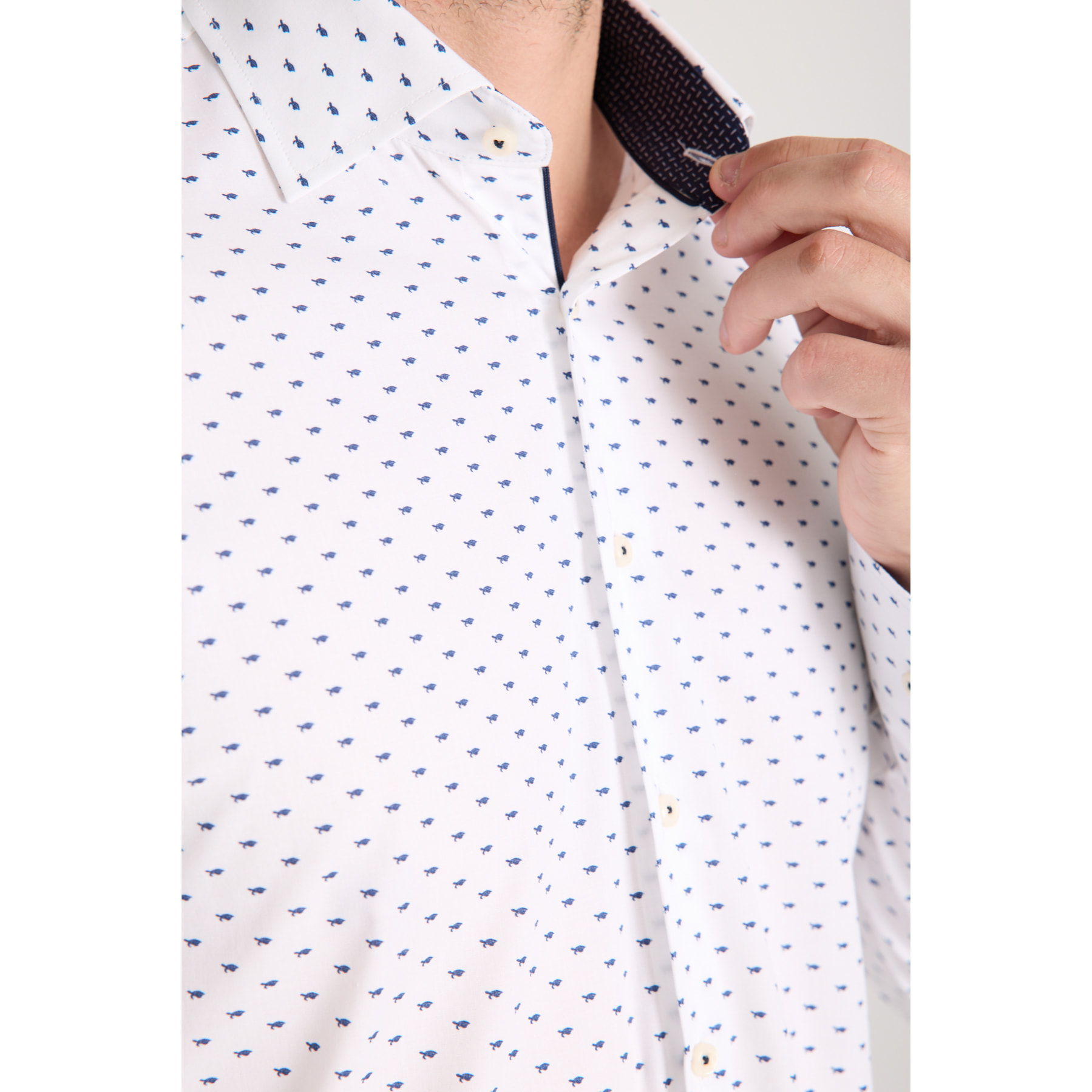 Camicia Uomo 1 Bottone Francese Slim Popeline Stretch Stampato Bianco e Blu