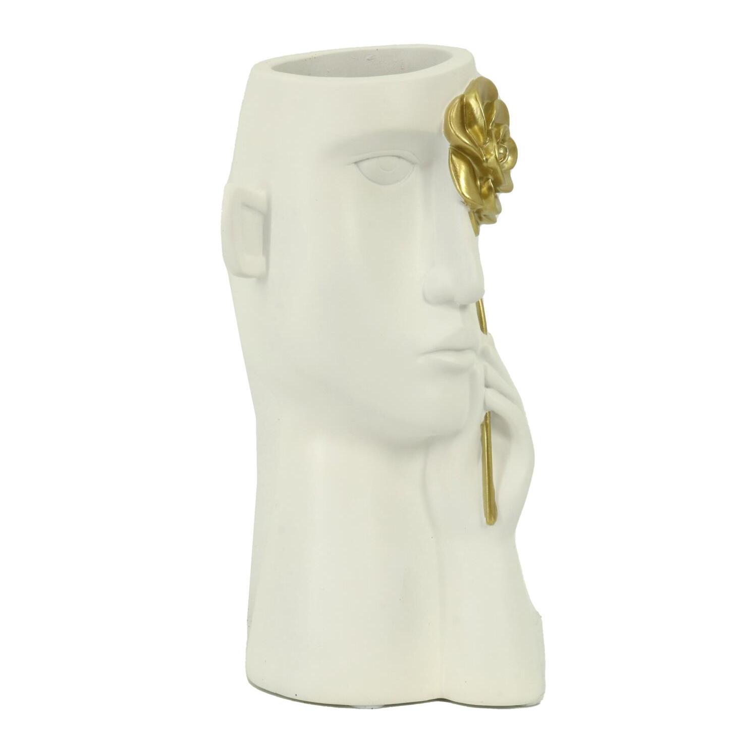 Portavaso in resina viso bianco e fiore oro cm13x13h27