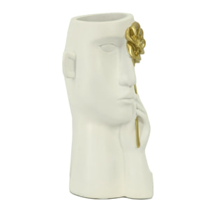 Portavaso in resina viso bianco e fiore oro cm13x13h27
