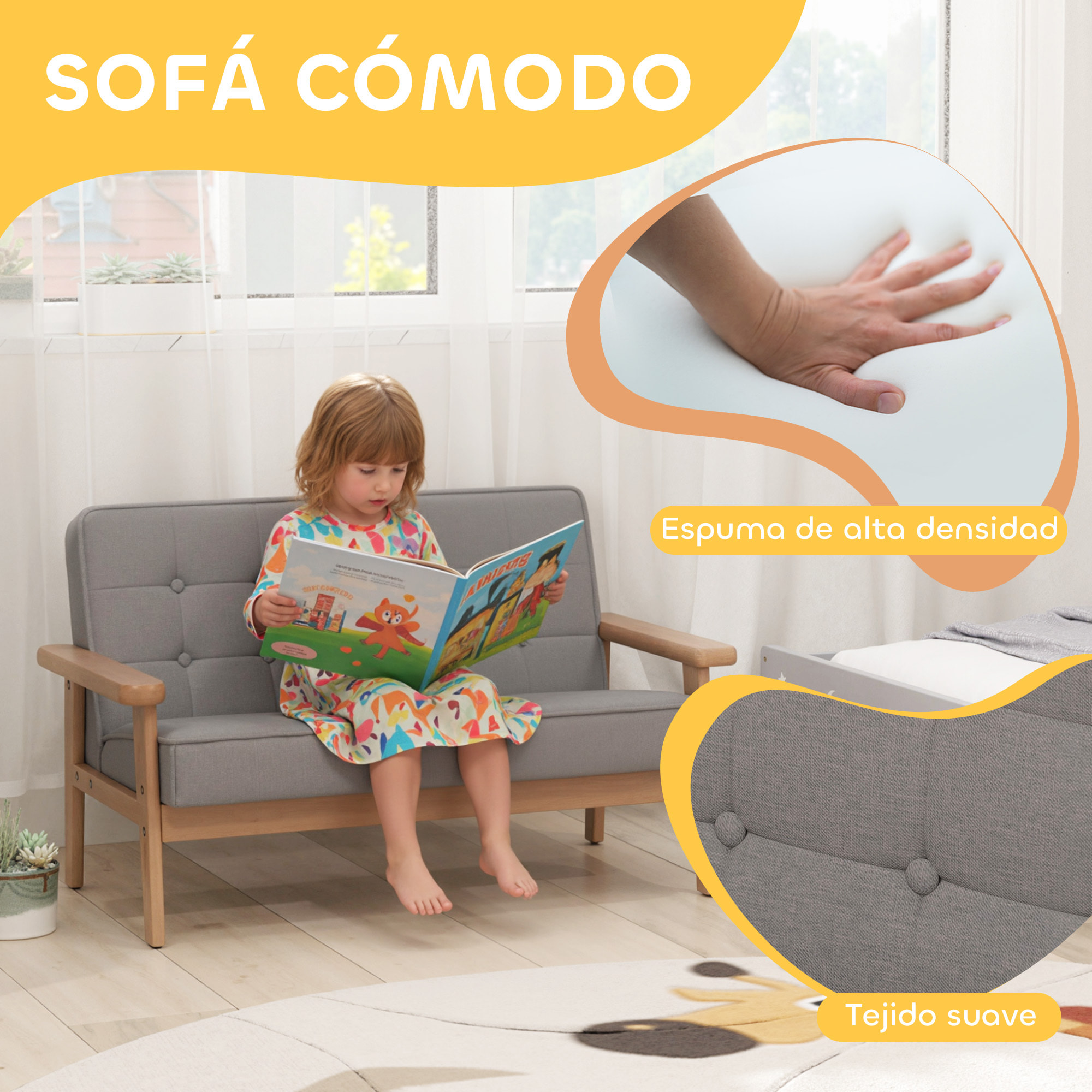 Sofá para Niños de 2 Plazas, Sillón Infantil de Felpa Suave con Estructura de Madera, Asiento y Respaldo Acolchados, Reposabrazos, para Niños de +3 Años, para Dormitorio, Sala de Juego, Gris