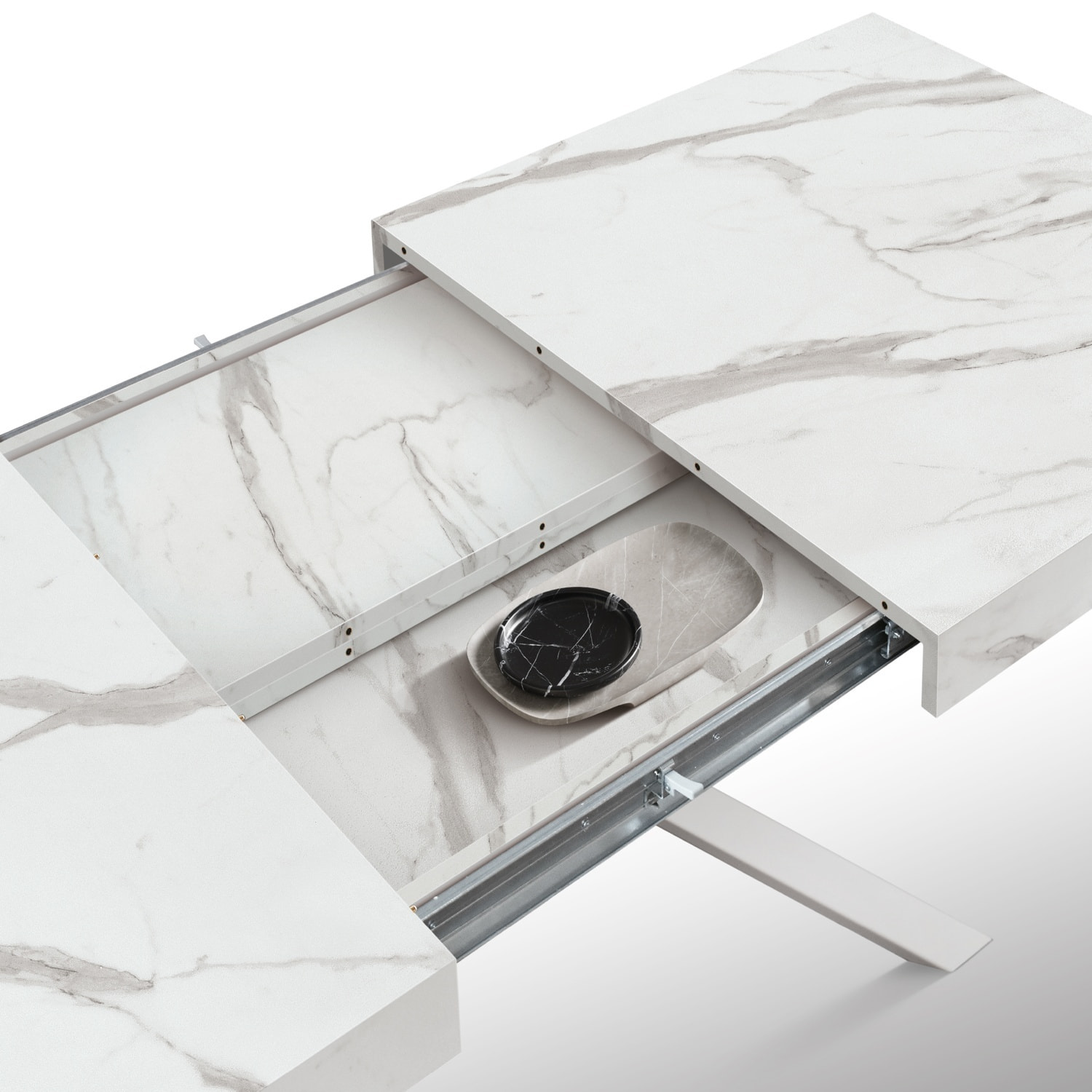 Tavolo CAMAIORE in legno, finitura bianco statuario e gambe a X in metallo bianco, allungabile 160x90 cm - 240x90 cm