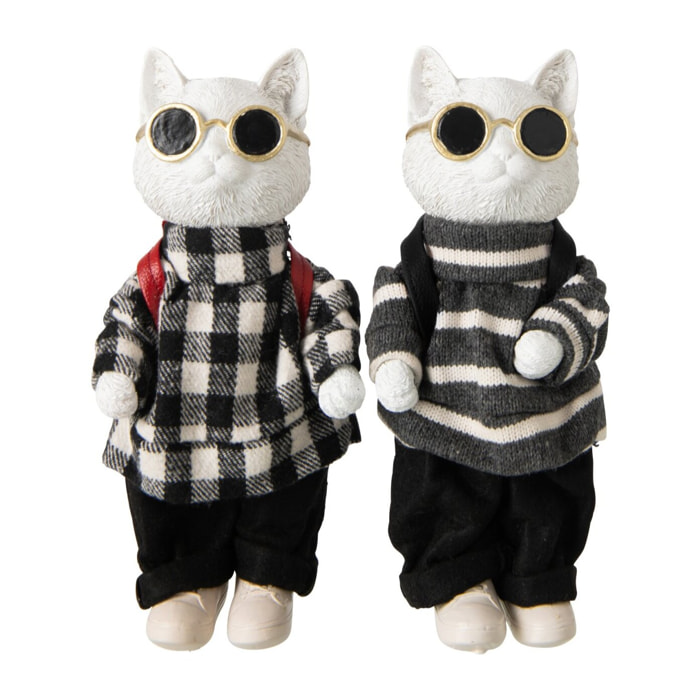 J-Line Chat carreaux et ligné - polyrésine - noir/blanc - small - assortiment de 2
