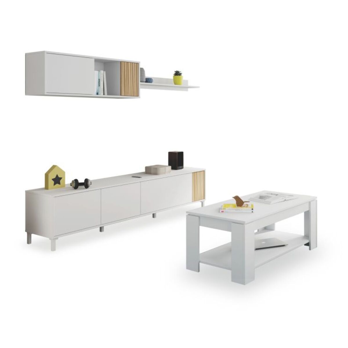 Pack salón con mesa de centro Nitza Plus V1 Blanco Artik (Blanco Mate) - Natur