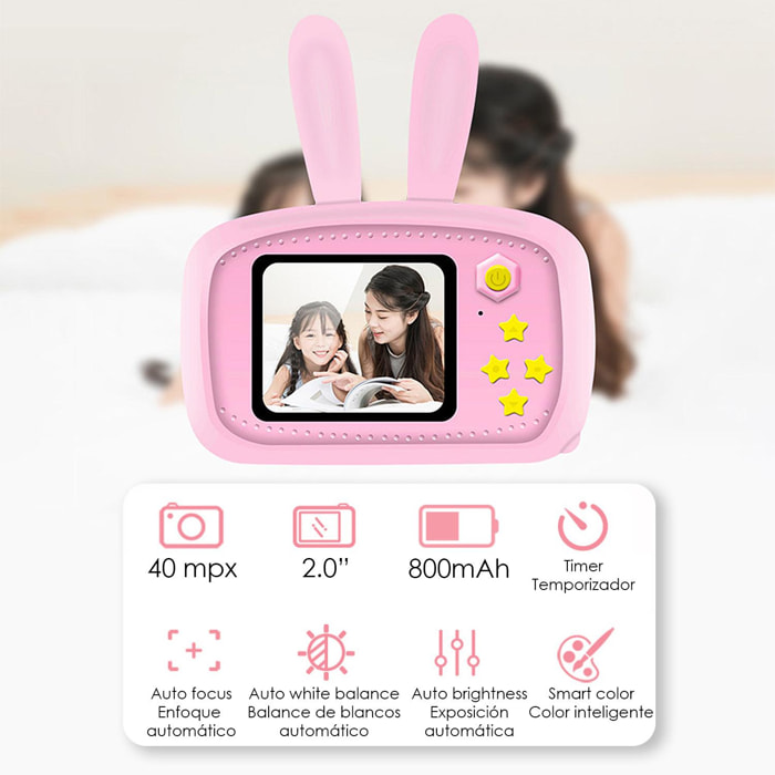 Cámara infantil de fotos y video, con juegos incorporados. HD 720 y hasta 40 megapíxeles. Pantalla de 2 pulgadas.