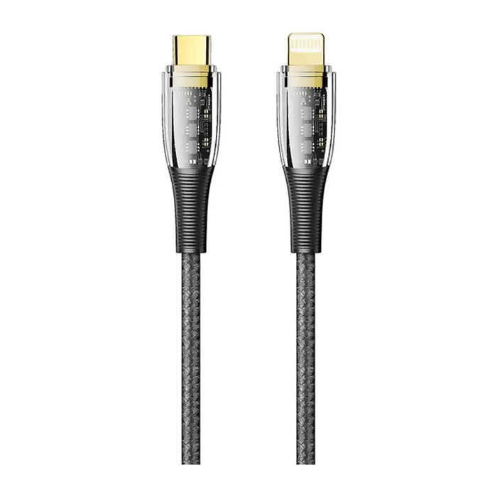 Cable USB-C a Lightning PD20W. Longitud: 1,2 metros, OD 3,5mm. Con luz LED.