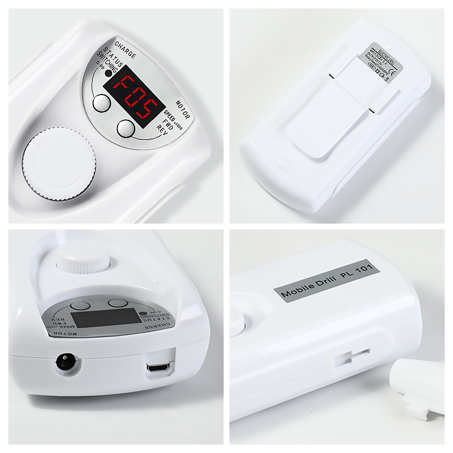 Lucidatrice per unghie con batteria ricaricabile da 2200mAh, fino a 35.000rpm. Velocità regolabile. Include 6 punte di lucidatura e 6 lime.