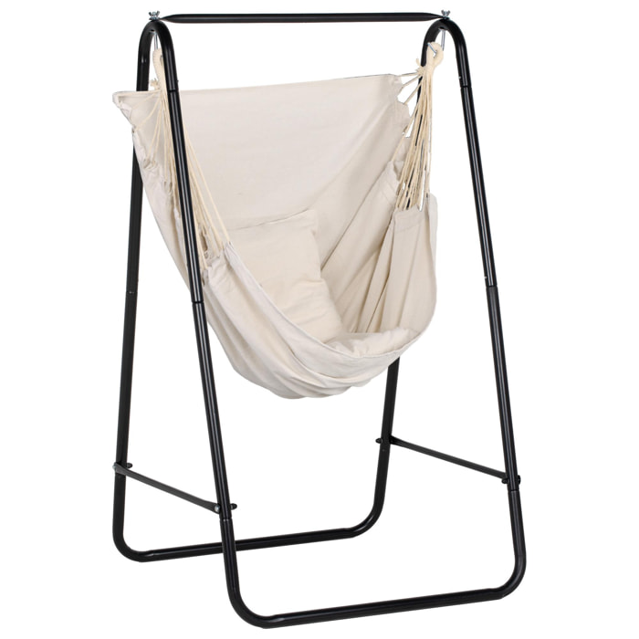 Chaise suspendue de jardin avec support et coussin acier noir coton beige