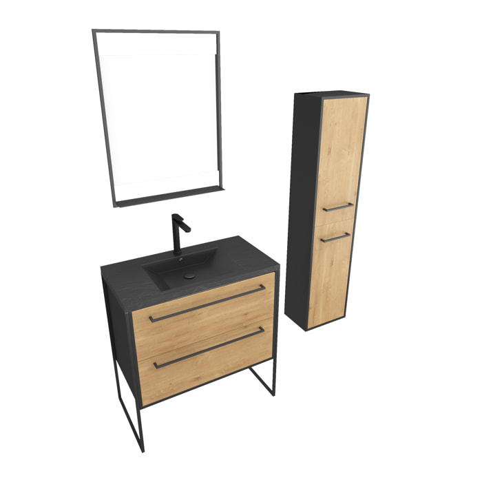 Meuble Salle de Bains 80 cm, Vasque Noire, Miroir Led et Colonne - Chêne et Noir - STRUCTURA