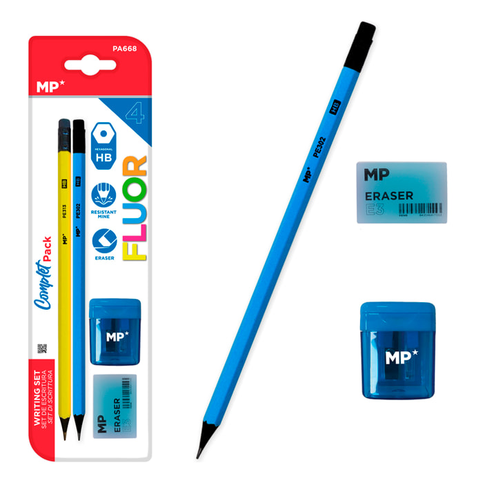 SET DE ESCRITURA: 2 lápices HB con goma, 1 sacapuntas con depósito y una goma de borrar.