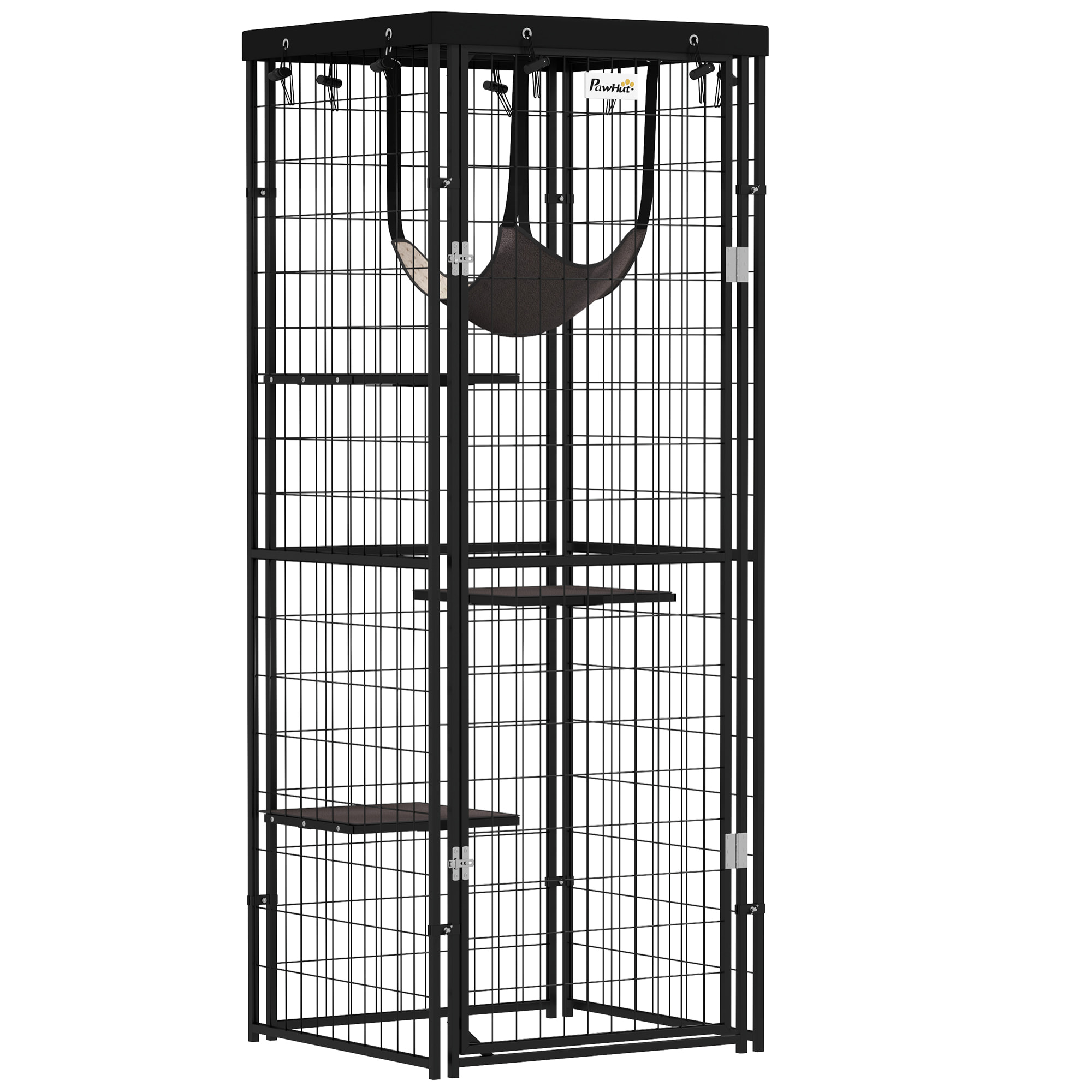 Jaula para Gatos para Exterior e Interior Recinto para Gatos con Cubierta Impermeable 3 Plataformas Hamaca Cojines y Puerta 61,5x55x157 cm Negro