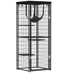 Jaula para Gatos para Exterior e Interior Recinto para Gatos con Cubierta Impermeable 3 Plataformas Hamaca Cojines y Puerta 61,5x55x157 cm Negro